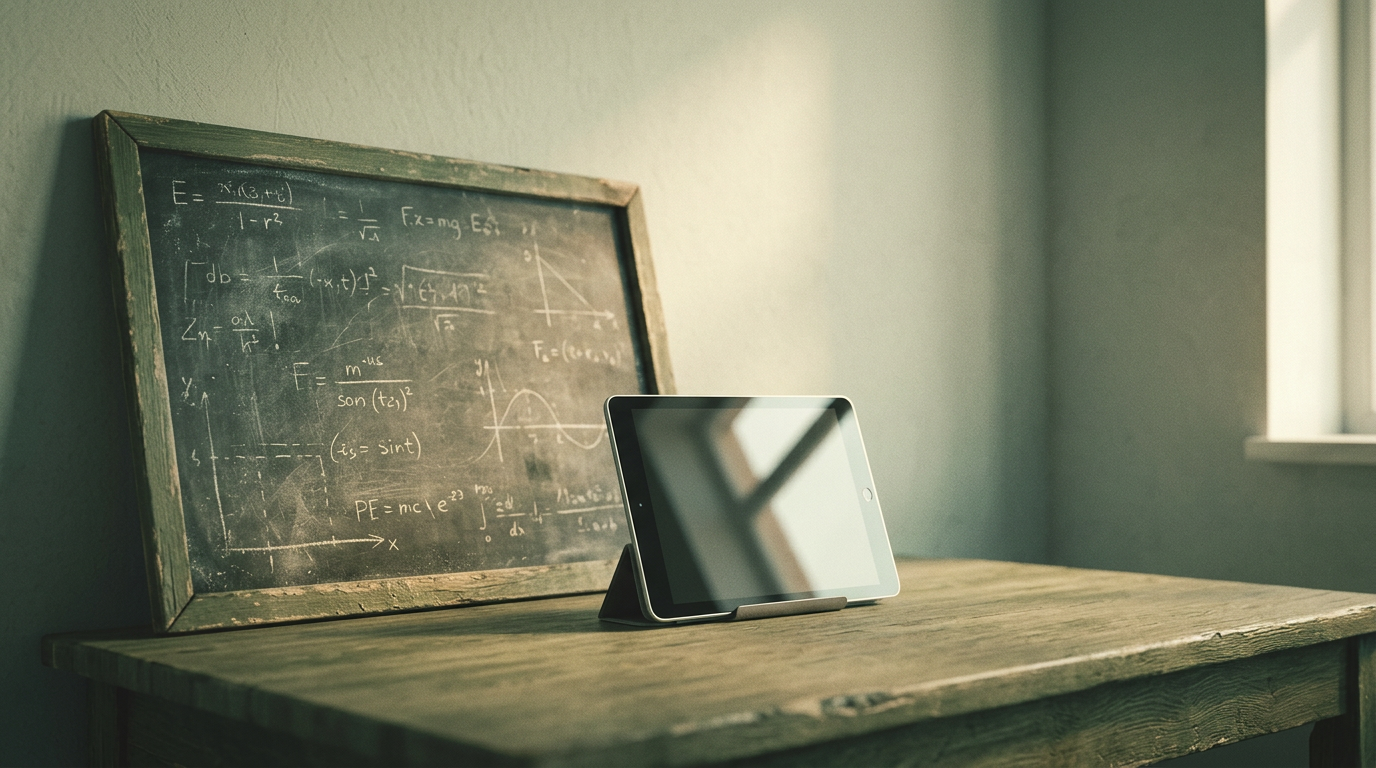 A weathered blackboard with chalk residue sits behind a sleek digital tablet on a rustic wooden tabletop.