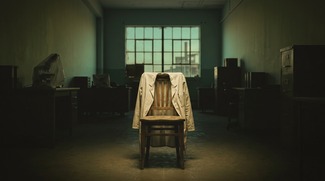 A white lab coat hangs on a wooden chair in a dimly lit, shadowy office space.