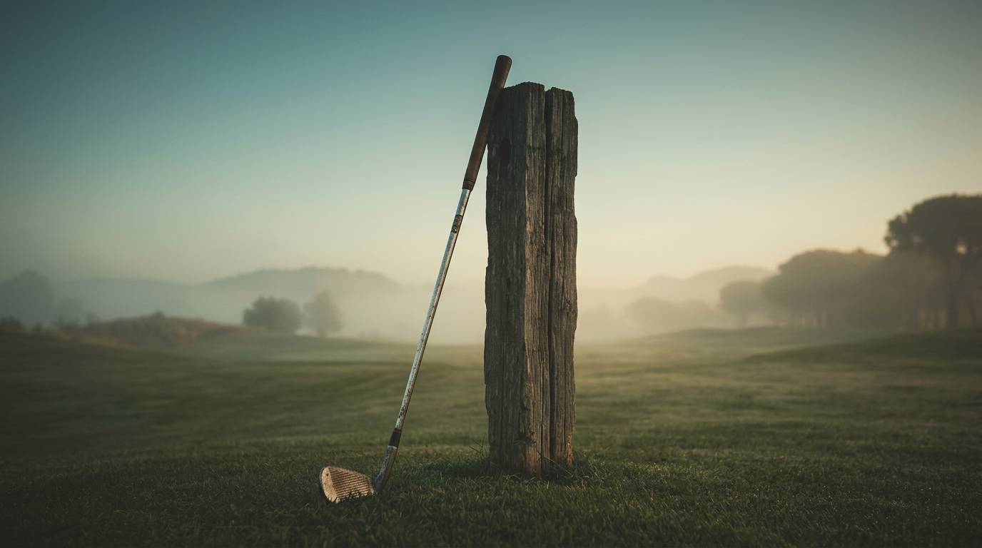 A weathered five-iron golf club leans against a rustic wooden post on a misty, verdant fairway at dawn.