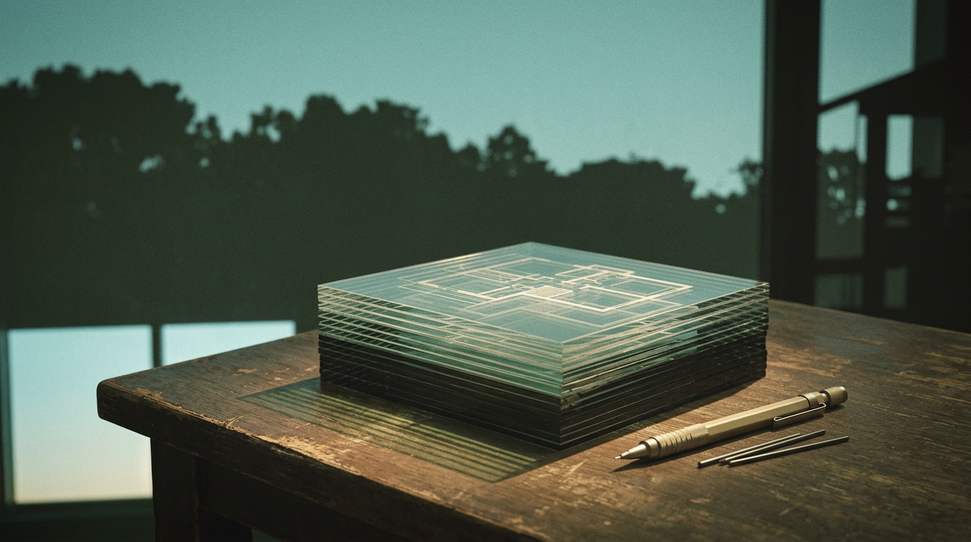 Translucent glass panels etched with architectural blueprints sit on a desk beside a sleek metal mechanical pencil.