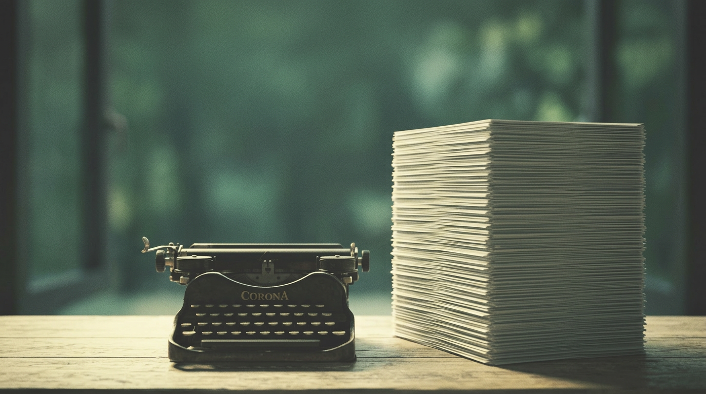 A vintage black typewriter sits on a rustic wooden desk beside a tall, neat stack of blank white paper in soft light.