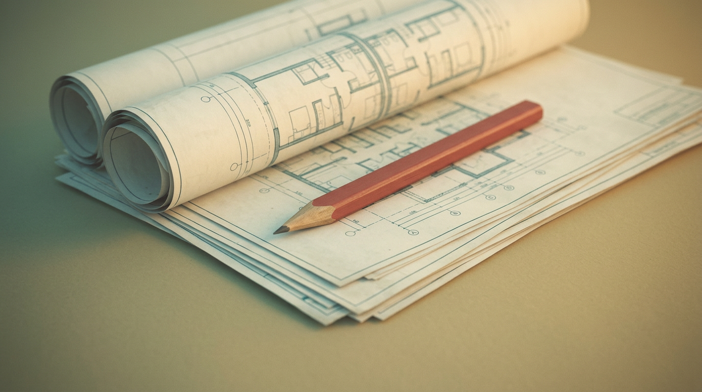 A sharpened hexagonal pencil lies across a precise stack of technical architectural drawings on a white desk.