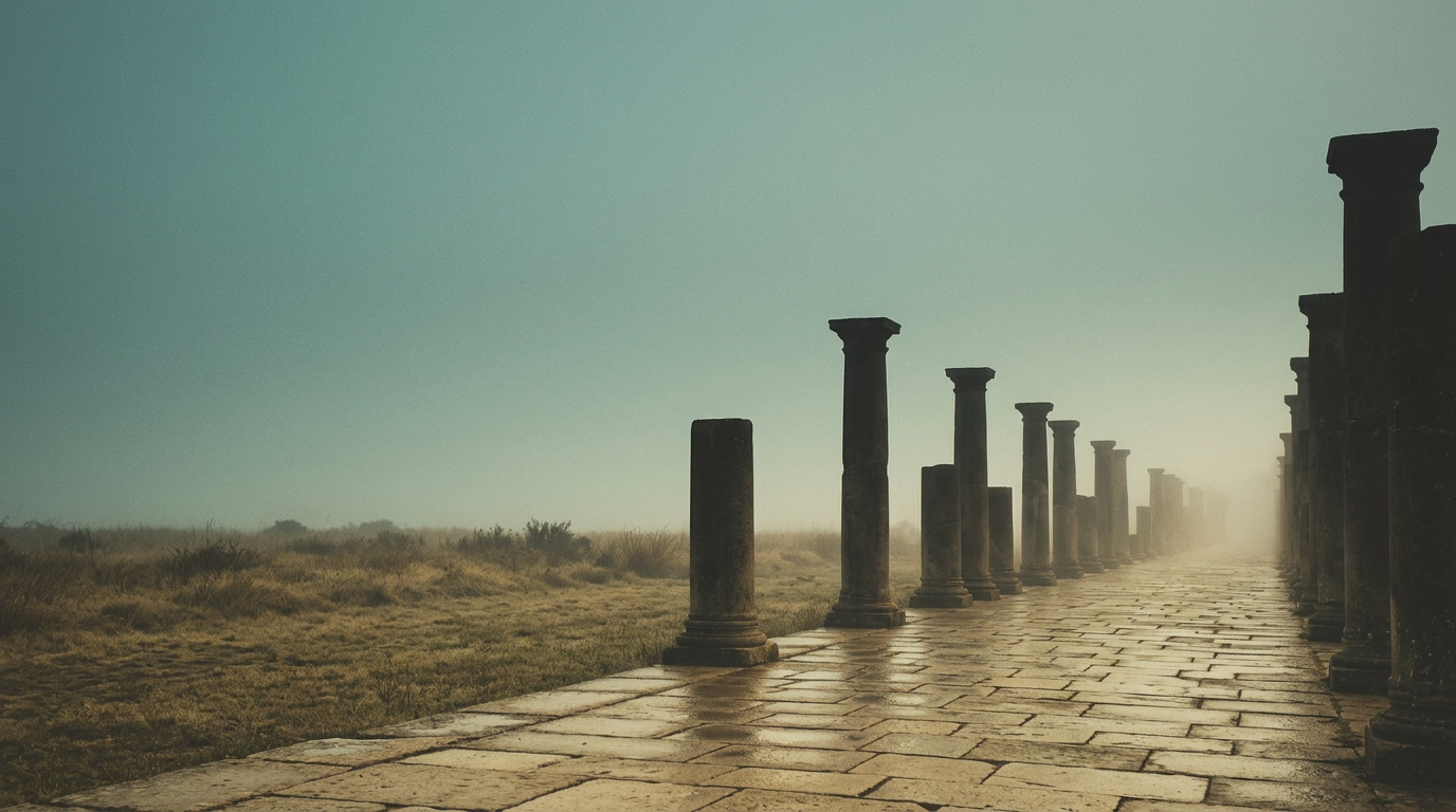 Weathered stone pillars recede into a thick morning mist beside a damp, paved walkway in soft grey light.