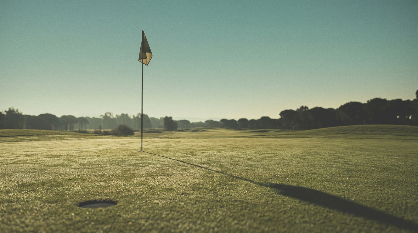 A single flagstick casts a long, thin shadow across a misty, dew-covered golf green in the soft morning light.
