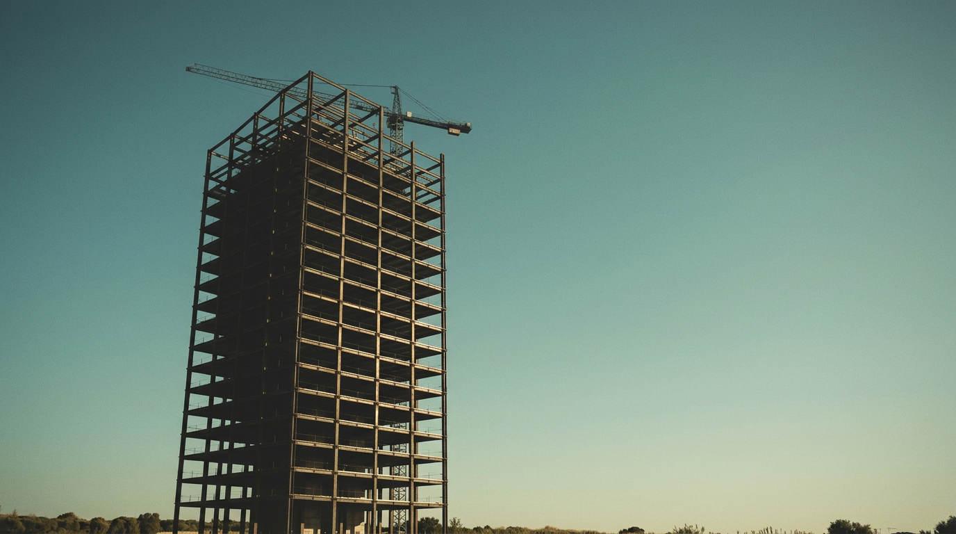 A grid of silver steel beams forms a skeletal skyscraper silhouette against a bright, cloudless blue sky.