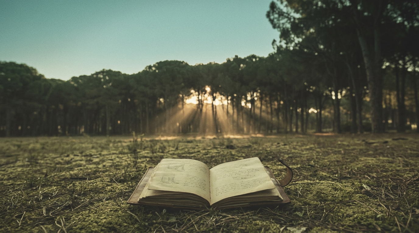 Sunlight streams through towering trees onto an open leather notebook resting on a mossy, verdant forest floor.