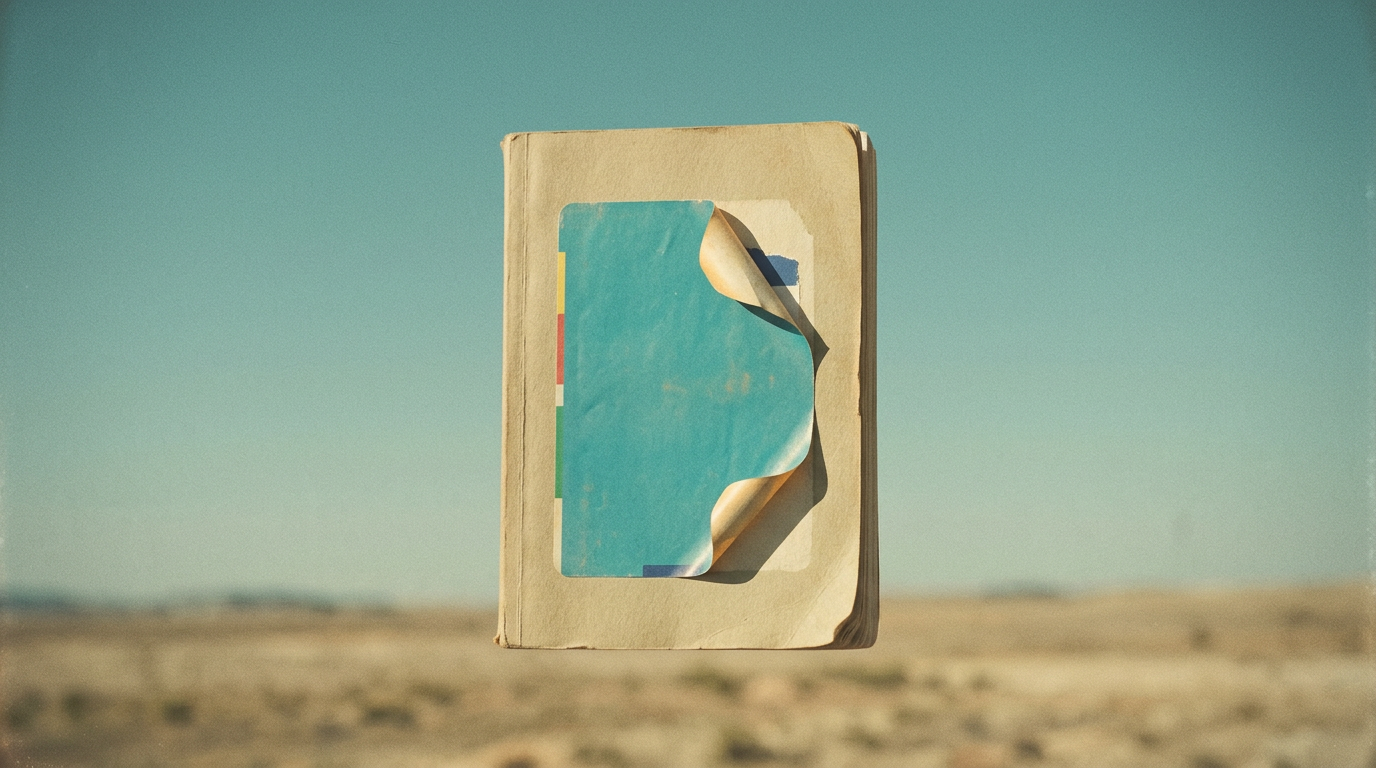 A thick paper manual rests on a surface with a brightly coloured revision sticker peeling away from its front cover.